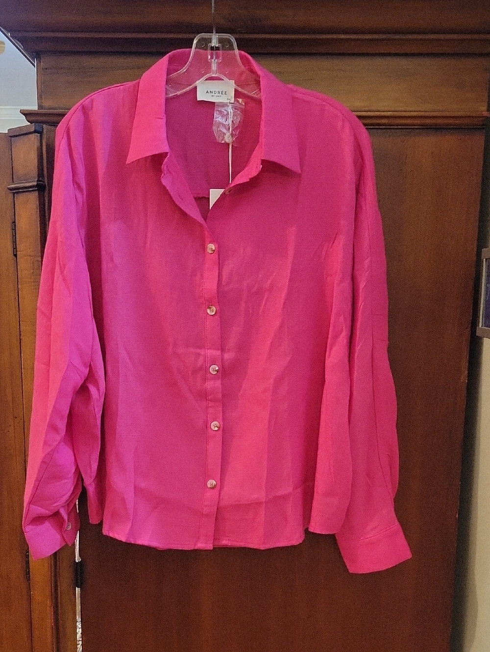 Andree By Unit | Hot Pink Long Sleeve Button-Front Blouse Top - Size Small